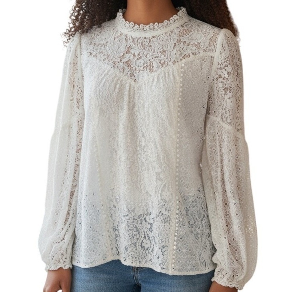 WHITE HOUSE BLACK MARKET White‎ Mock Neck L/S Eyelet Lined Blouse EUC Size 4